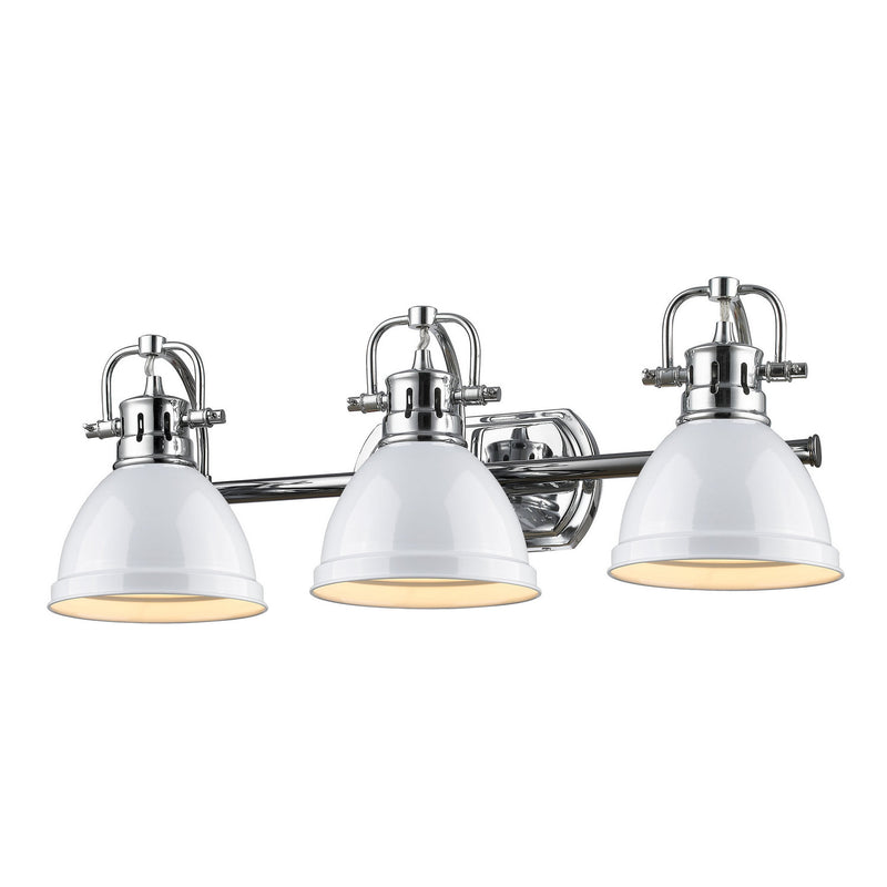 Duncan 3-Light Bath Vanity in Chrome with White Shades