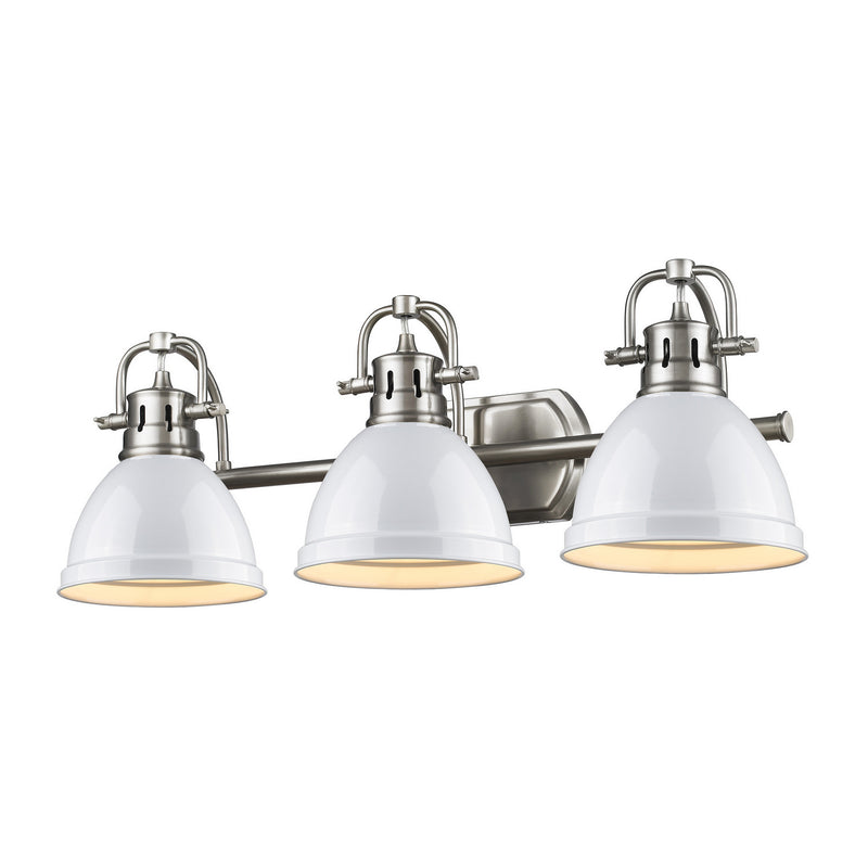 Duncan 3-Light Bath Vanity in Pewter with White Shades
