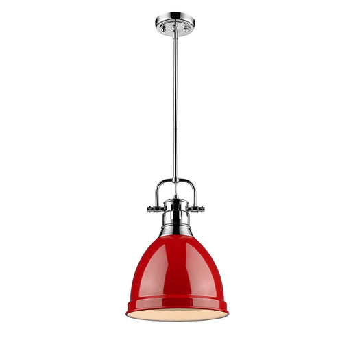 Duncan Small Pendant with Rod in Chrome with Red Shade