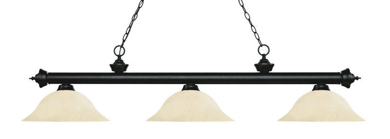 Riviera 3 Light Billiard in Matte Black with Golden Mottle Glass