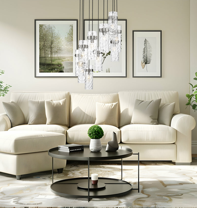 Fontaine 11 Light 26.25" Pendant in Brushed Nickel in a room setting
