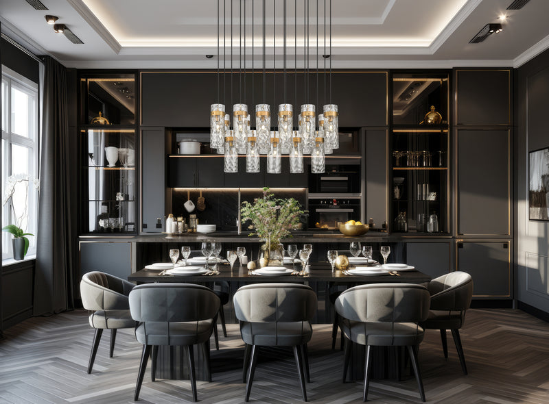 Fontaine 17 Light 44.25" Linear Pendant in Rubbed Brass in a room setting