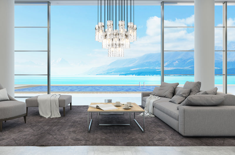 Fontaine 27 Light 39.5" Pendant in Brushed Nickel in a room setting