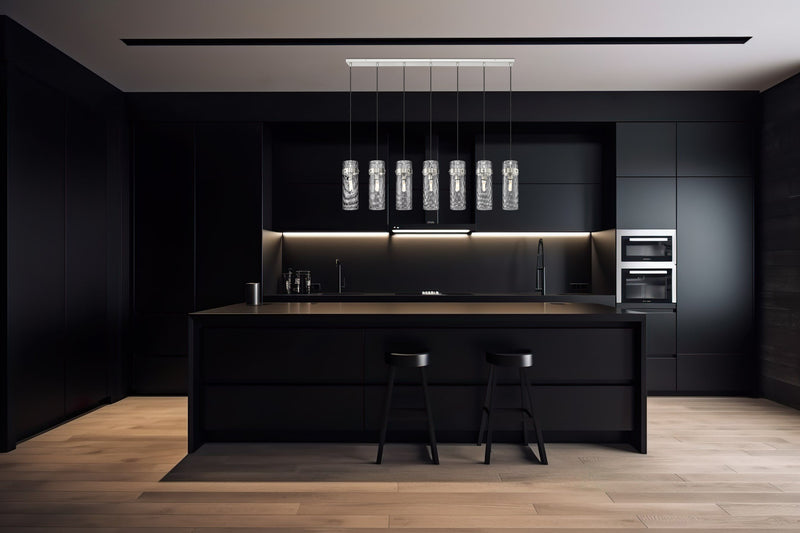 Fontaine 7 Light 56.75" Linear Pendant in Brushed Nickel in a room setting