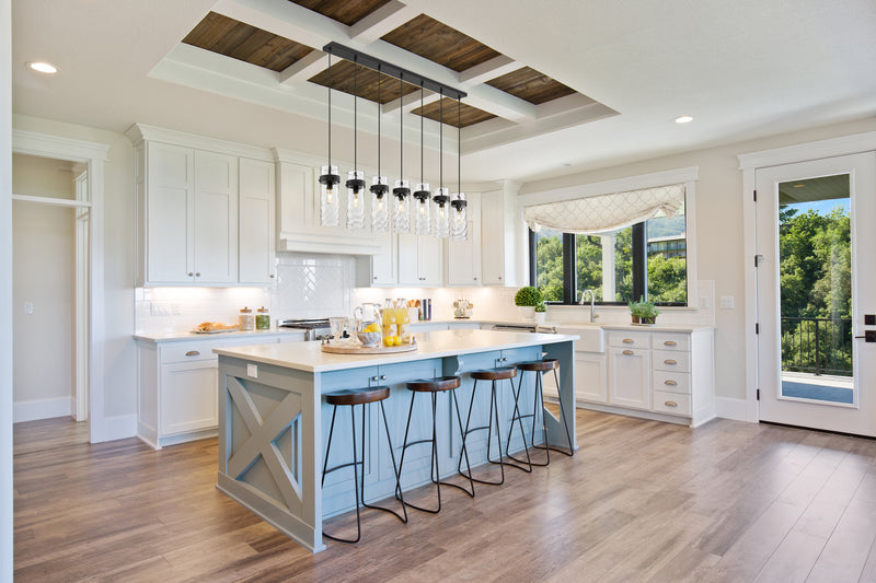 Fontaine 7 Light 56.75" Linear Pendant in Matte Black in a room setting
