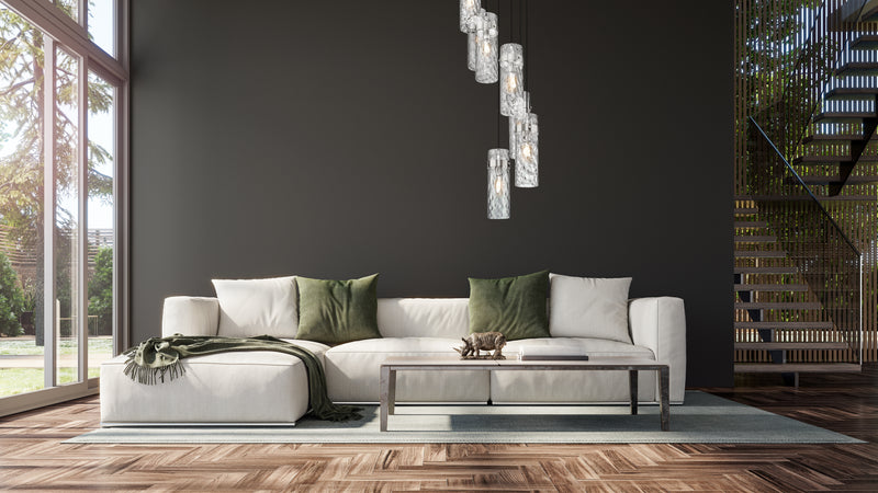 Fontaine 7 Light 19.5" Pendant in Brushed Nickel in a room setting