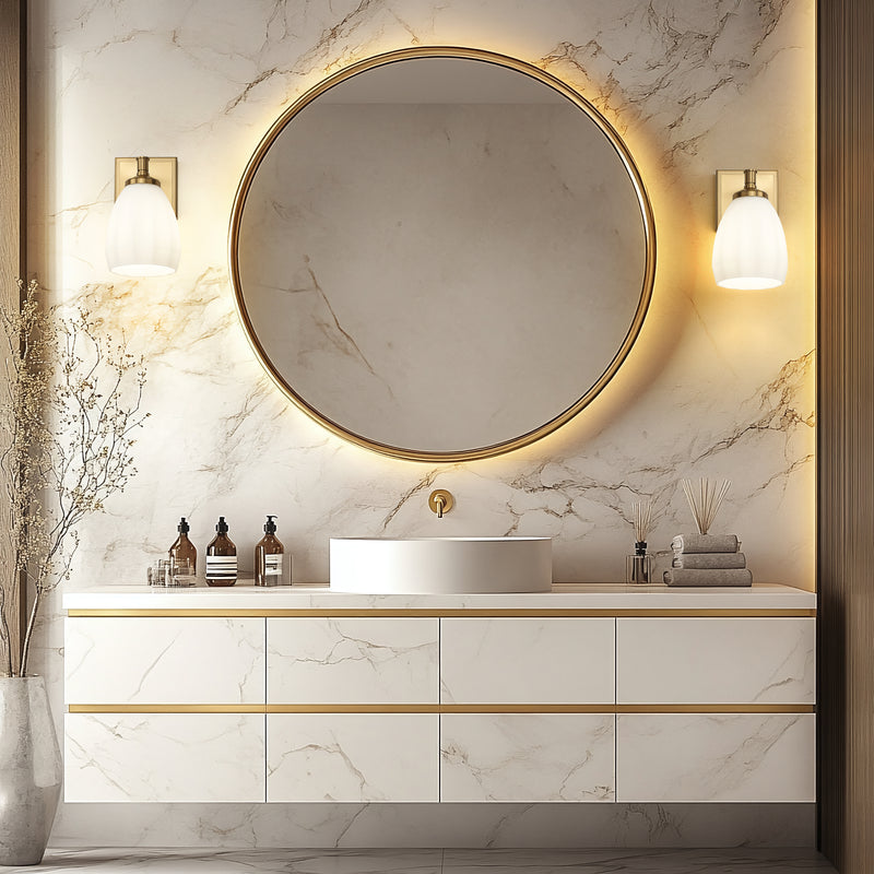 Oren 1 Light 6.5" Vanity in Modern Gold in a room setting