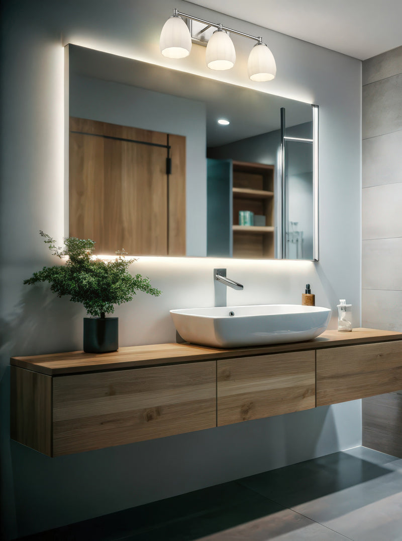 Oren 3 Light 24" Vanity in Brushed Nickel in a room setting