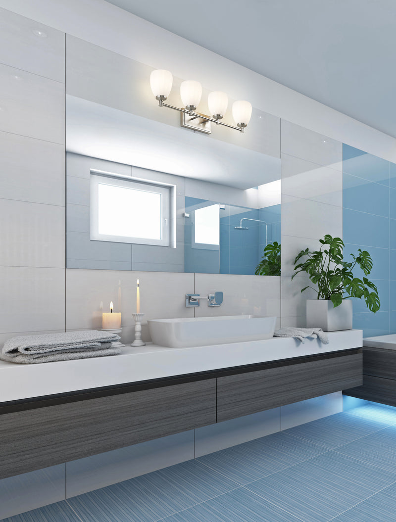 Oren 4 Light 31" Vanity in Brushed Nickel in a room setting