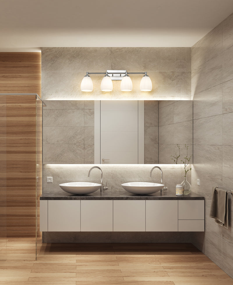 Oren 4 Light 31" Vanity in Brushed Nickel in a room setting