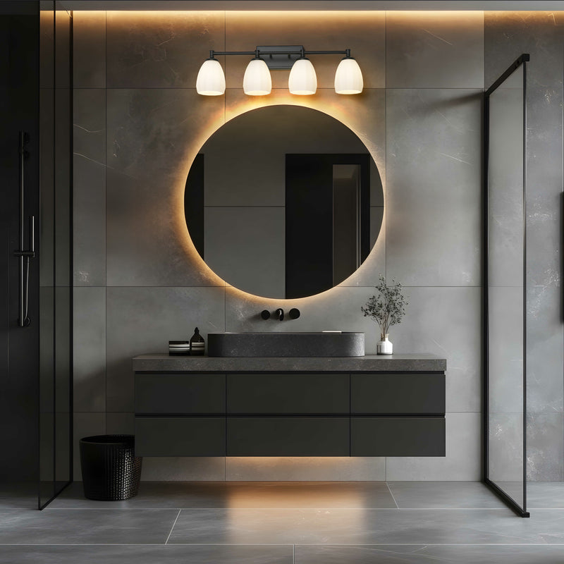 Oren 4 Light 31" Vanity in Matte Black in a room setting