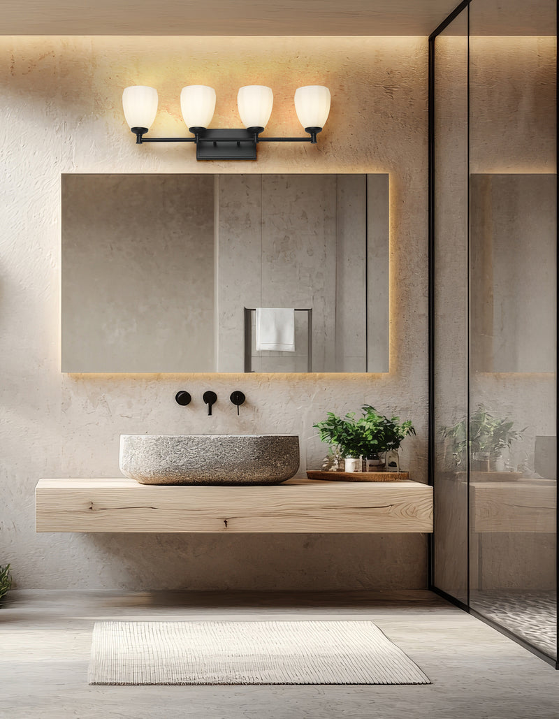 Oren 4 Light 31" Vanity in Matte Black in a room setting