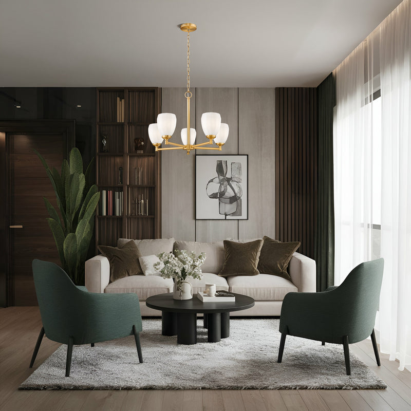 Oren 5 Light 25" Chandelier in Modern Gold in a room setting