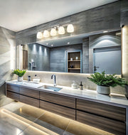 Oren 5 Light 38" Vanity in Brushed Nickel in a room setting
