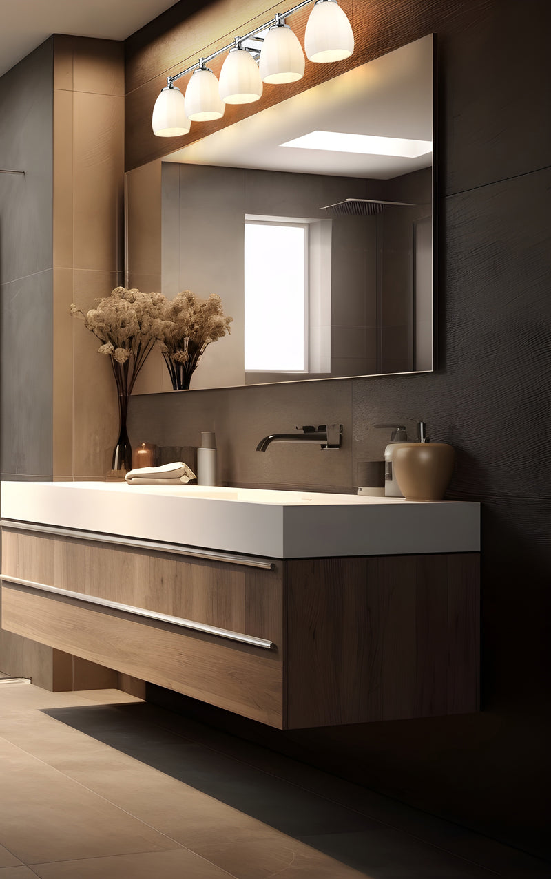 Oren 5 Light 38" Vanity in Chrome in a room setting