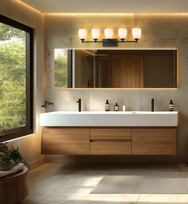 Oren 5 Light 38" Vanity in Matte Black in a room setting