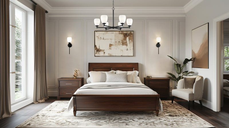 Oren 6 Light 32" Chandelier in Matte Black in a room setting