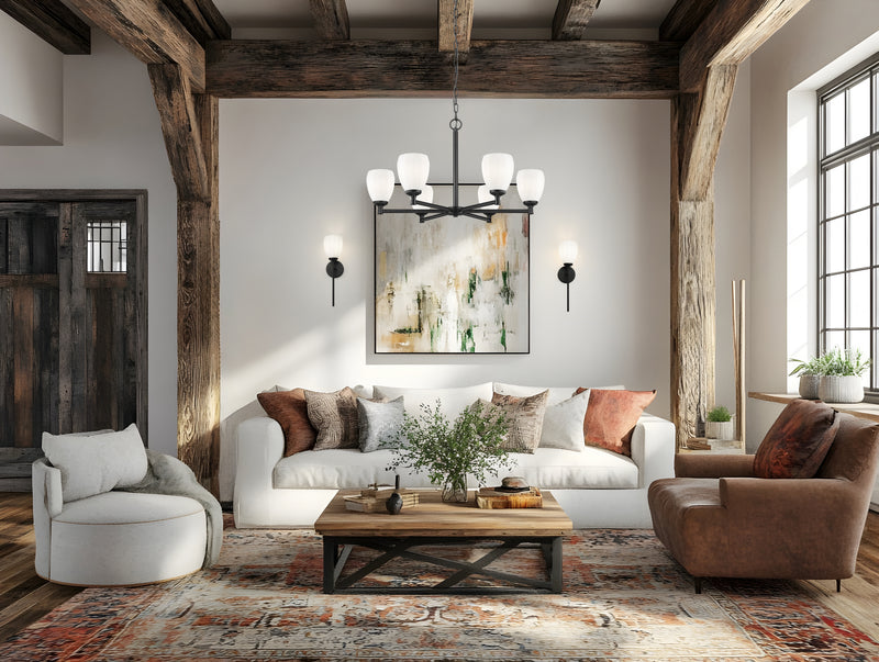 Oren 6 Light 32" Chandelier in Matte Black in a room setting