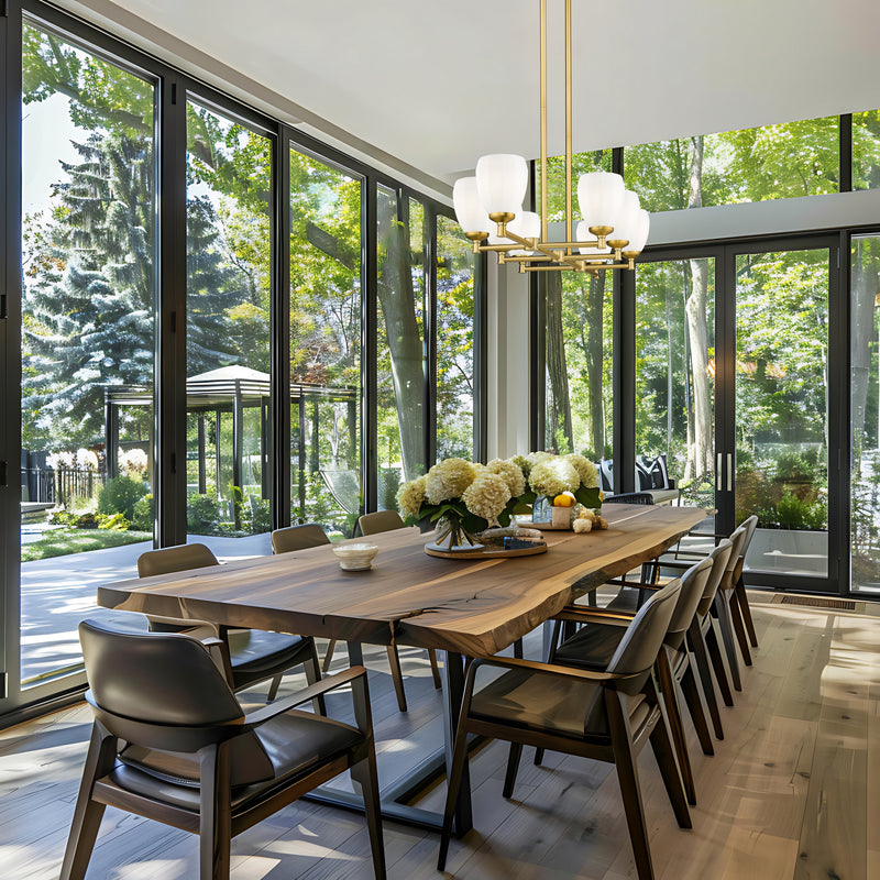 Oren 8 Light 41.75" Linear Pendant in Modern Gold in a room setting