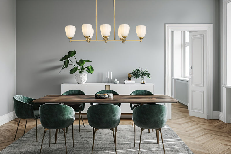 Oren 8 Light 41.75" Linear Pendant in Modern Gold in a room setting