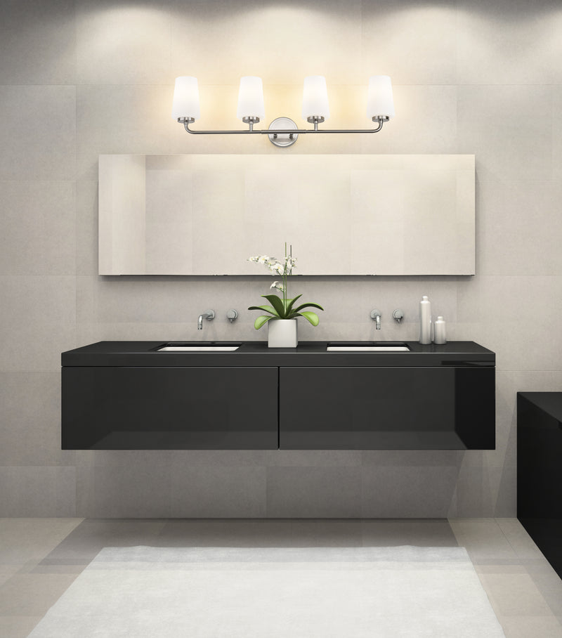 Montford 4 Light 32" Vanity in Brushed Nickel in a room setting
