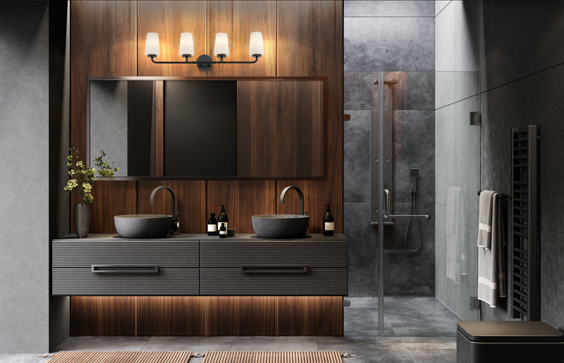 Montford 4 Light 32" Vanity in Matte Black in a room setting