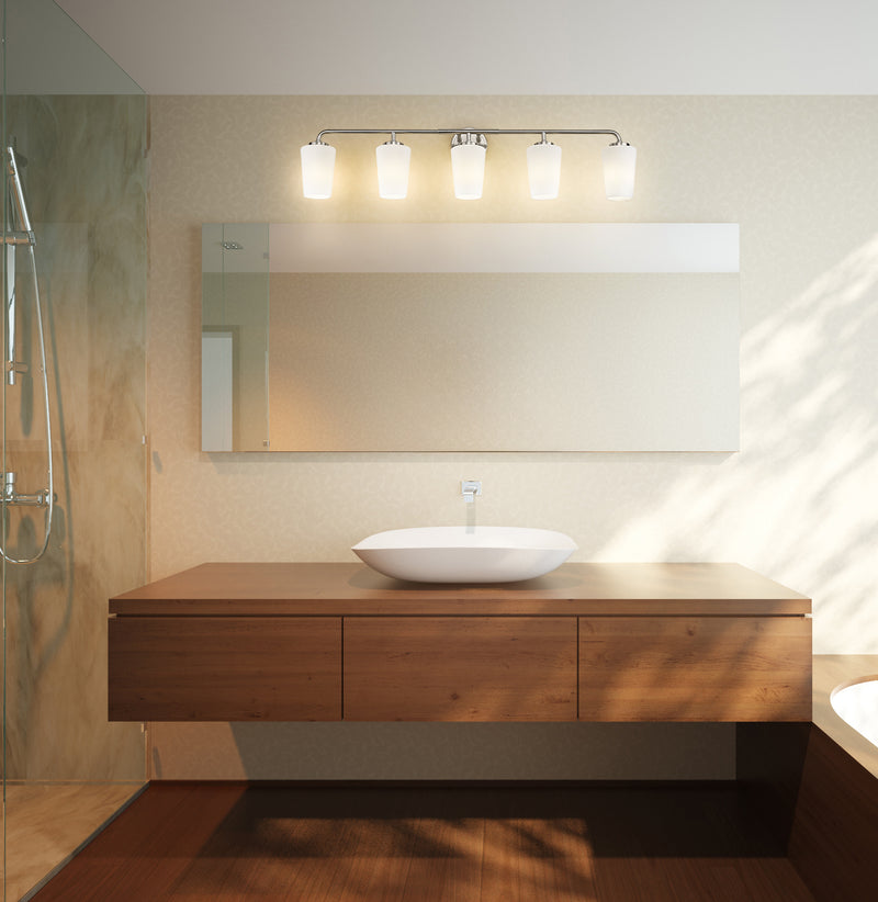 Montford 5 Light 40" Vanity in Brushed Nickel in a room setting