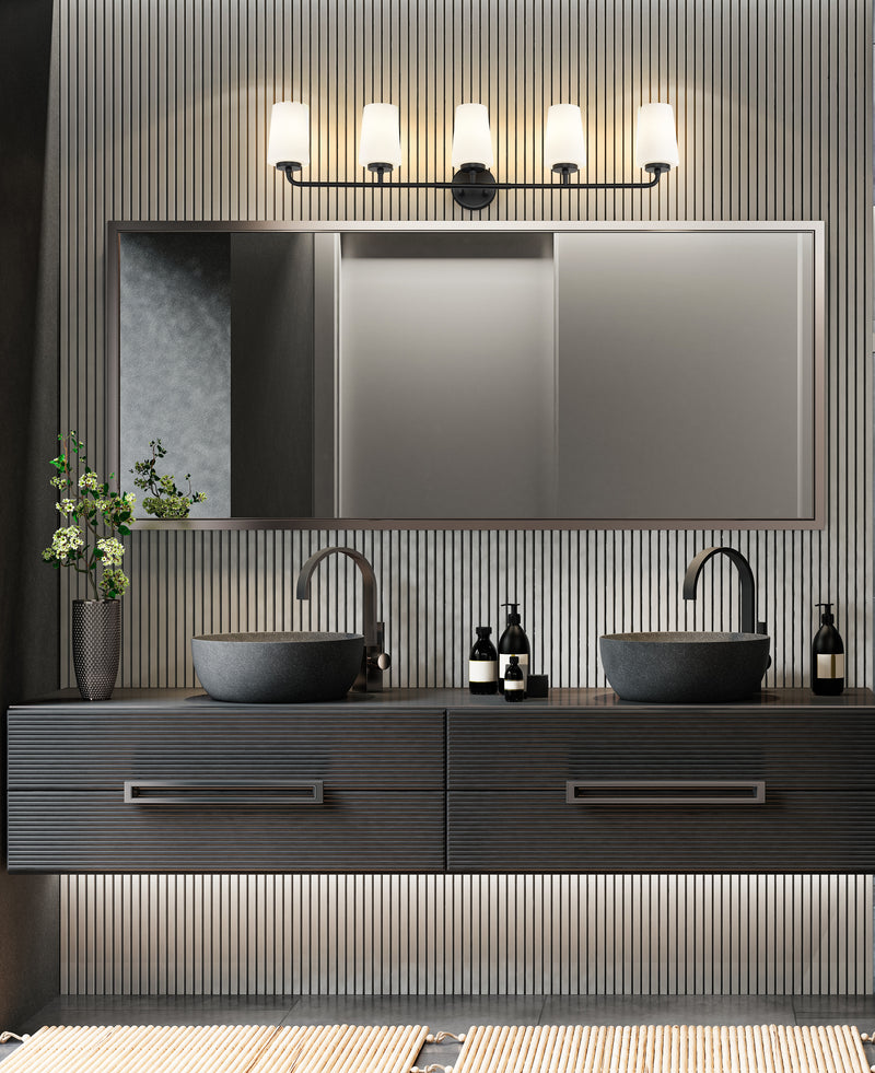 Montford 5 Light 40" Vanity in Matte Black in a room setting