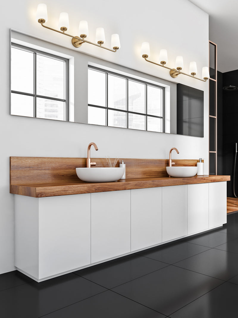 Montford 5 Light 40" Vanity in Modern Gold in a room setting