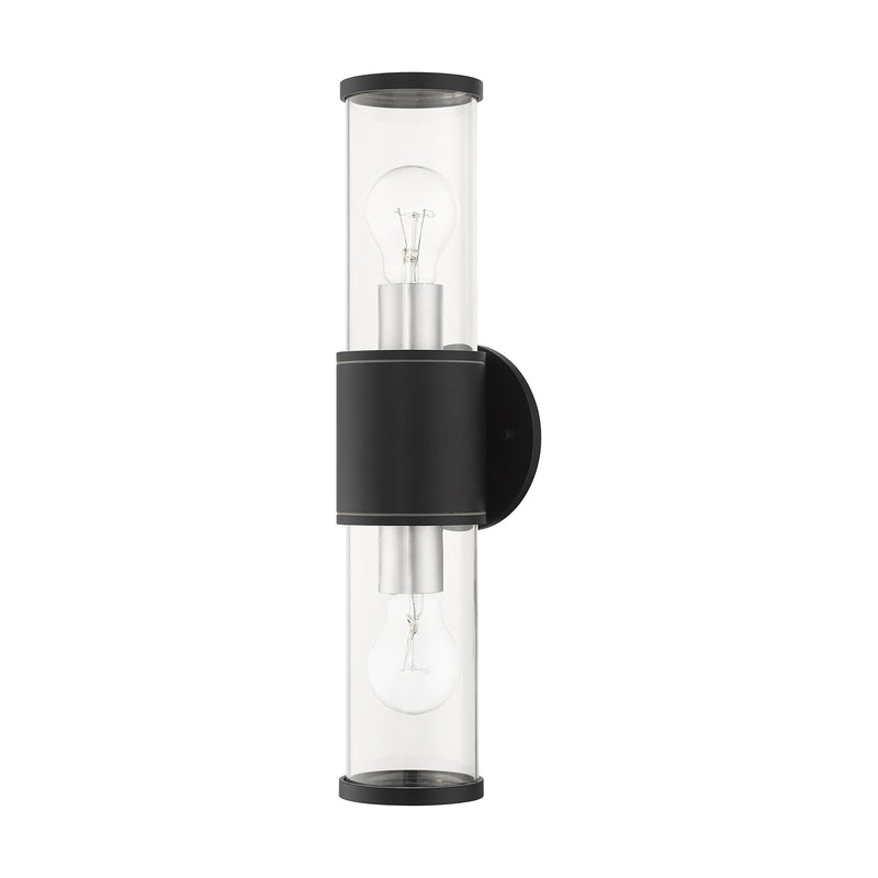 Atlantic 2-Light Large Outdoor ADA Wall Lantern in Textured Black with Antique Silver Finish Accents