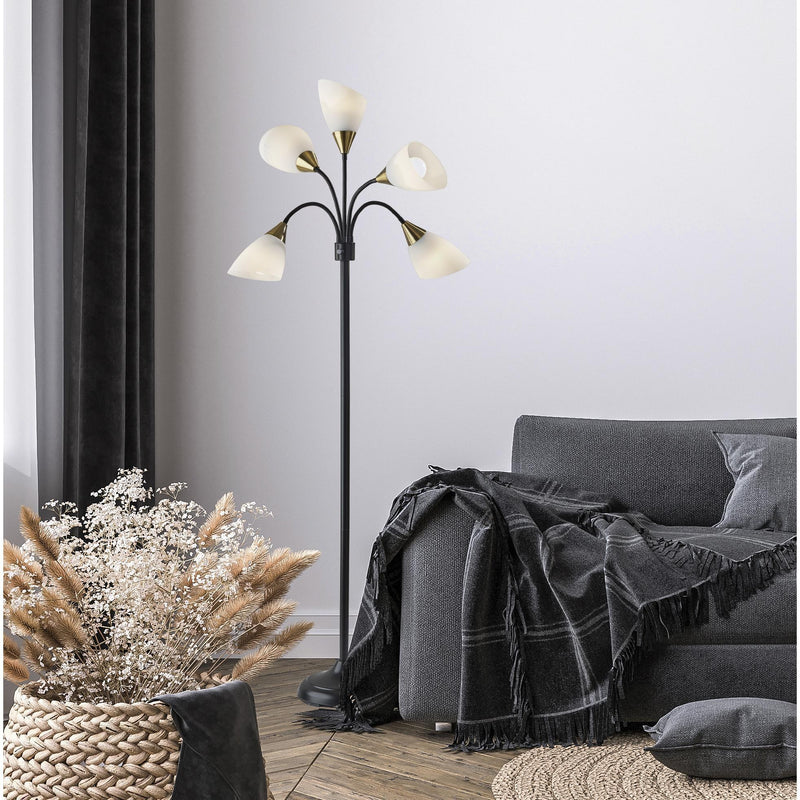 5-Light Tree Floor Lamp in Black W. Antique Brass