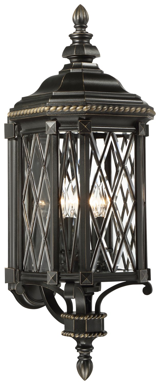 Bexley Manor 4-Light Large Outdoor Wall Lantern in Black w/Gold Highlights