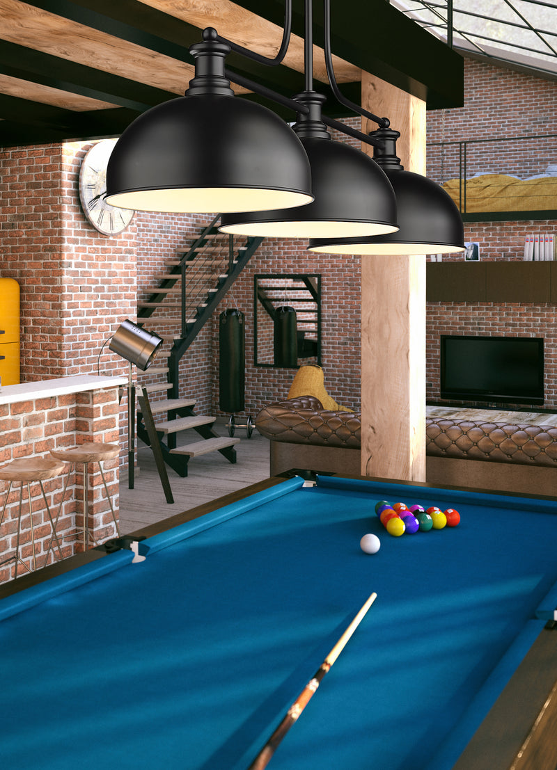 Melange 3 Light 52" Billiard, Glass & Metal Shades (D13M) in Matte Black Steel in a room setting