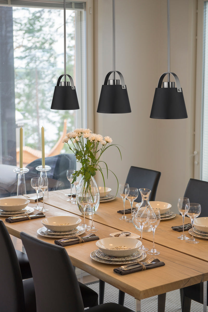 Z-Studio 1 Light 8" Pendant, Metal Shades in Matte Black + Brushed Nickel in a room setting