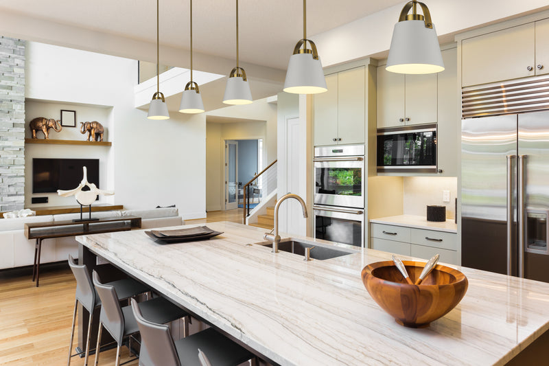 Z-Studio 1 Light 8" Pendant, Metal Shades in Matte White + Heritage Brass in a room setting
