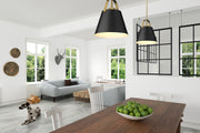 Z-Studio 1 Light 12.5" Pendant, Metal Shades in Matte Black + Heritage Brass in a room setting