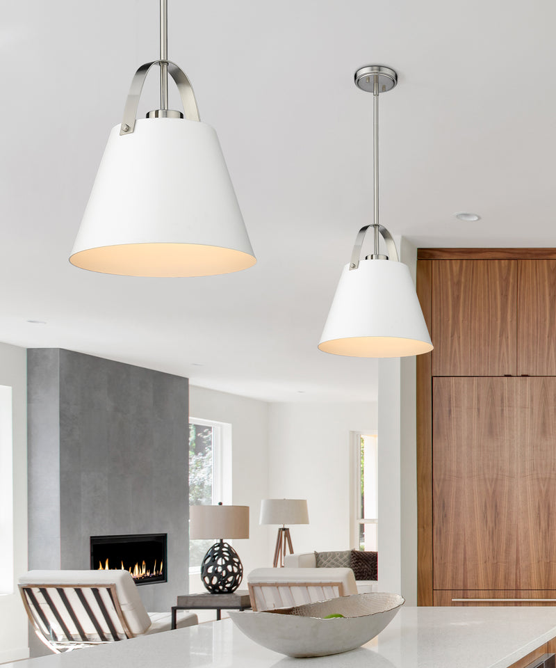 Z-Studio 1 Light 12.5" Pendant, Metal Shades in Matte White + Brushed Nickel in a room setting