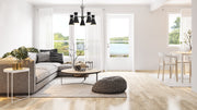 Soriano 5 Light 27" Chandelier in Matte Black + Brushed Nickel in a room setting
