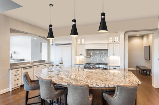 Soriano 1 Light 8" Pendant in Matte Black + Brushed Nickel in a room setting