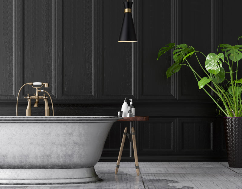 Soriano 1 Light 8" Pendant in Matte Black + Heritage Brass in a room setting