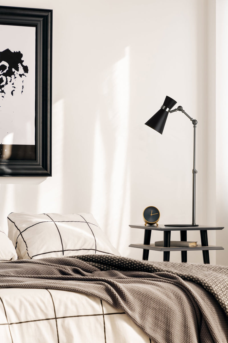 Soriano 1 Light 13.75" Table Lamp in Matte Black + Brushed Nickel in a room setting