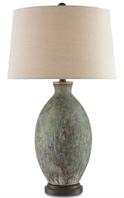 Remi 1-Light Table Lamp in Green & Dark Red & Bronze Gold with Flax Linen Shade - Lamps Expo