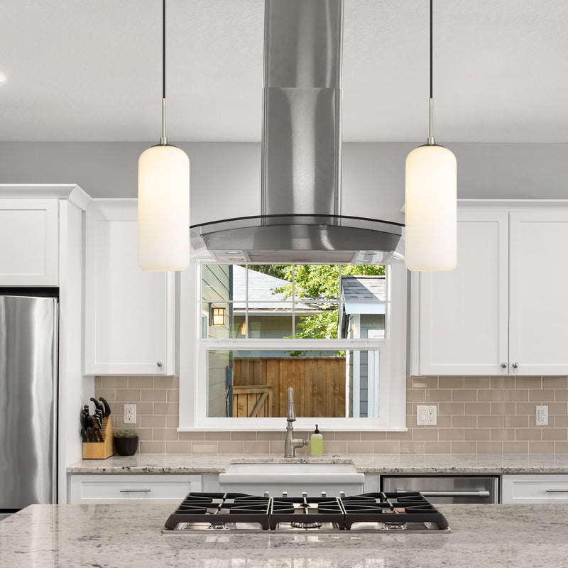 Monty 1 Light 5.25" Pendant, 17" Tall in Brushed Nickel in a room setting