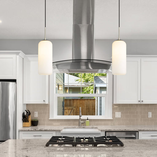 Monty 1 Light 5.25" Pendant, 17" Tall in Brushed Nickel in a room setting