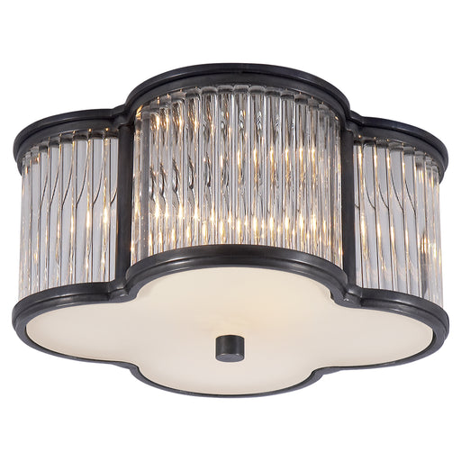 Basil Two Light Flush Mount in Gun Metal and Clear Glass Rods with Frosted Glass