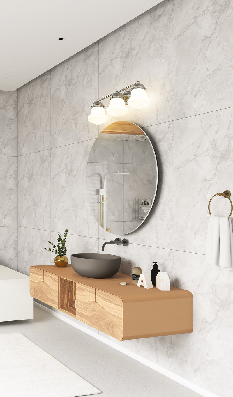 Vaughn 3 Light 22.5" Vanity in Brushed Nickel in a room setting