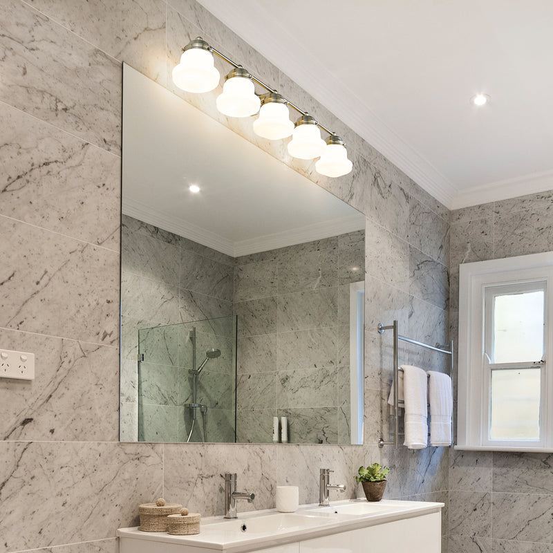 Vaughn 5 Light 40.75" Vanity in Brushed Nickel in a room setting