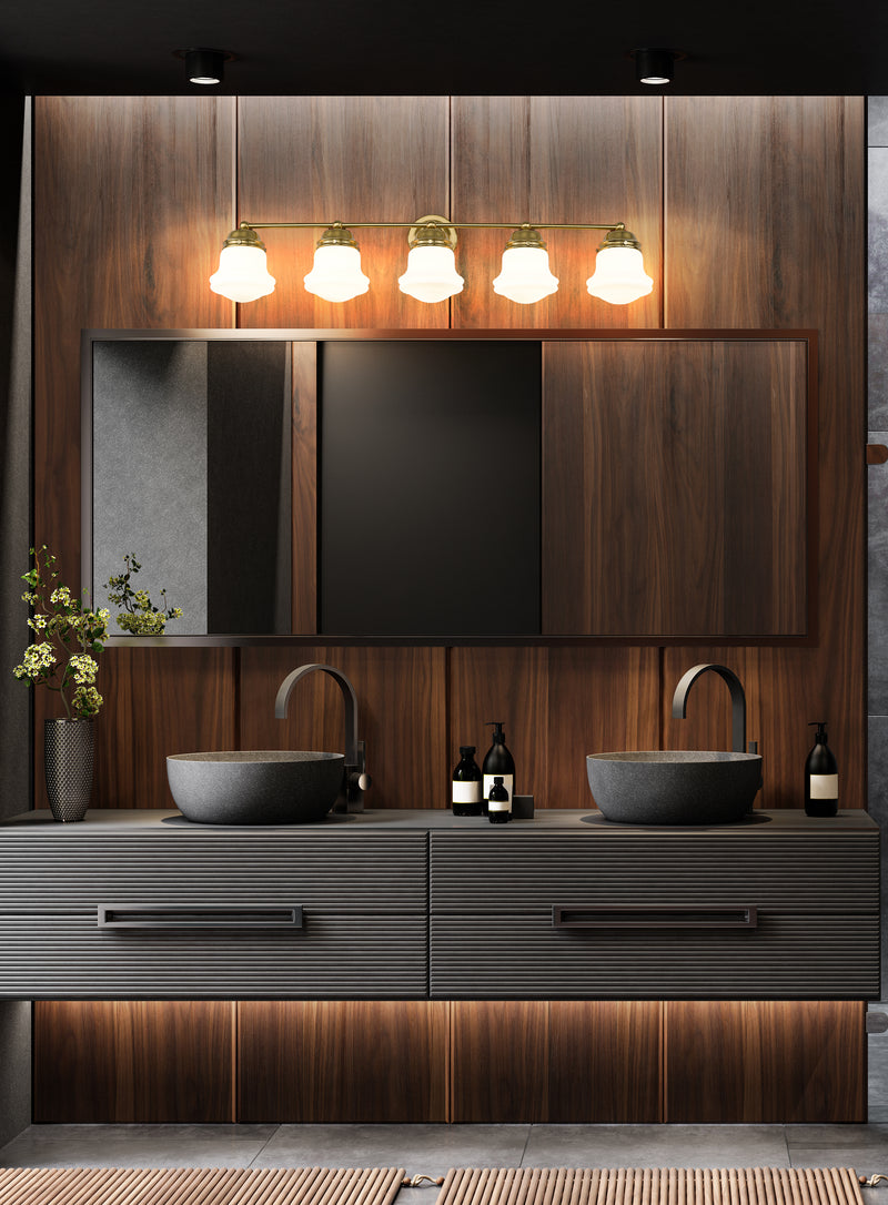 Vaughn 5 Light 40.75" Vanity in Luxe Gold in a room setting