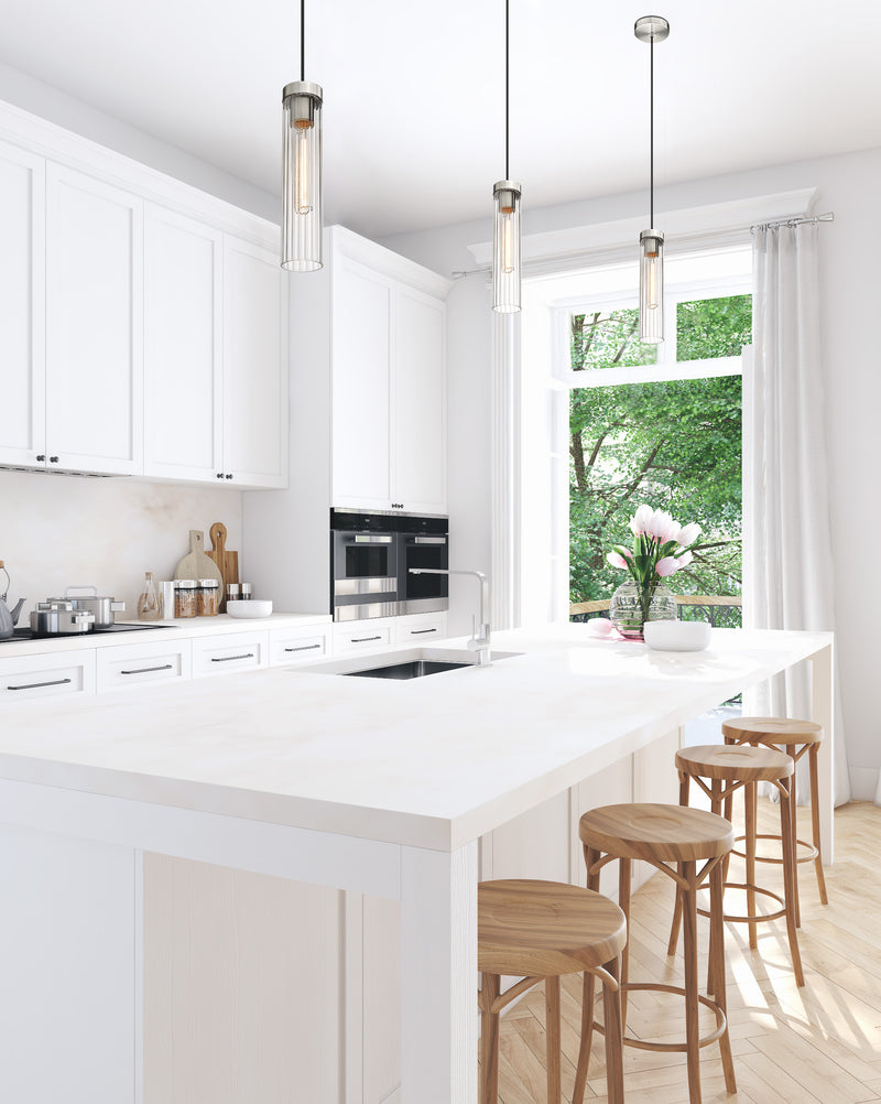 Beau 1 Light 4.75" Pendant, Cord Mount in Brushed Nickel in a room setting