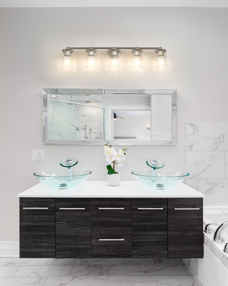 Thayer 5 Light 39" Vanity in Brushed Nickel in a room setting